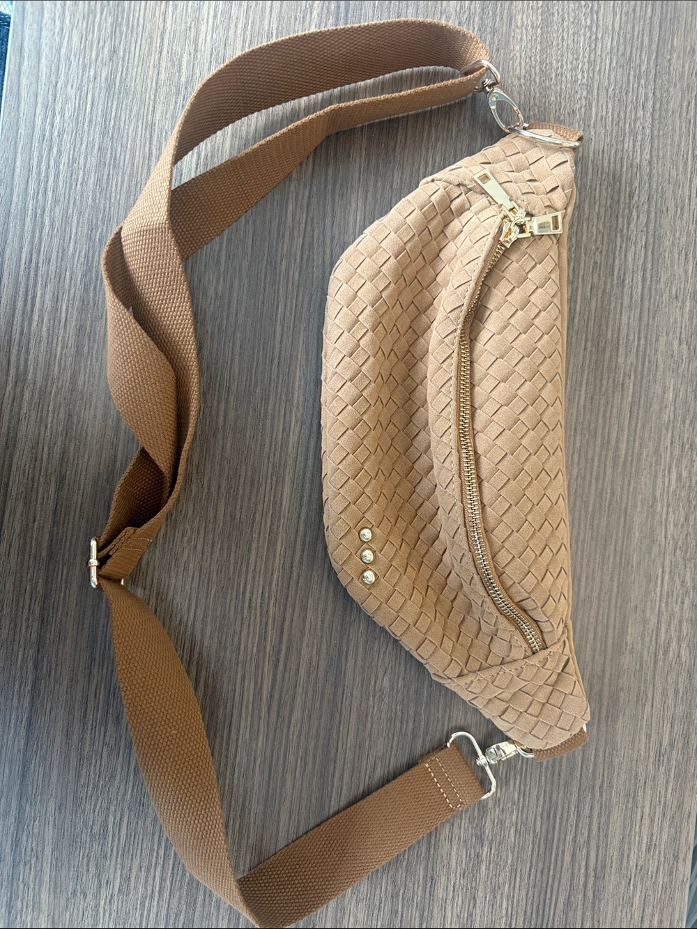 Woven Tan Crossbody Belt Bag with Adjustable Strap